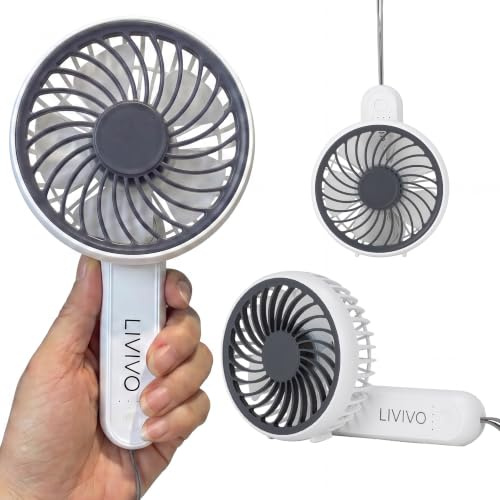 LIVIVO Portable Handheld Fan - USB-C Rechargeable Personal Fan with 3 Speed Settings - 1200mAh Battery Mini Hand Fan, Foldable Hanging & Desk Fan with Lanyard – Mini Fan for Travel, Home, Work - White