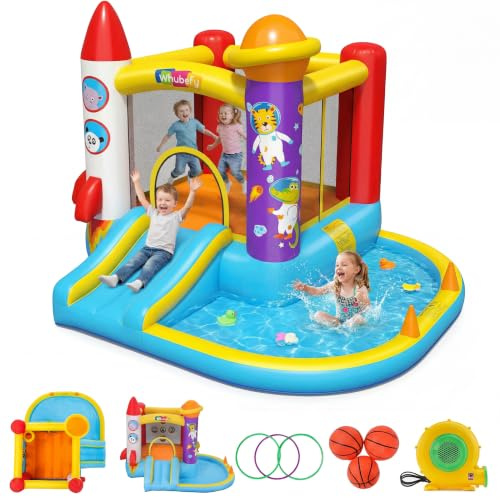 AKEYDIY Astronauten Hüpfburg 285x250x183 cm, Hüpfburg mit kurzer Rutsche, Trampolin, Ball‑/Wasserbecken, Basketballkorb, Wurfringen & Wurfnetz, für 3‑6 Jahre Kinder, Garten Hinterhof Party Spielset