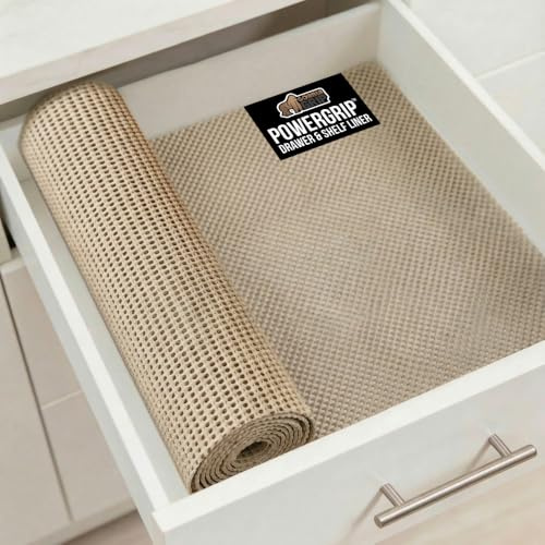 GORILLA GRIP powerGRIP Drawer Shelf and Cabinet Liner, Thick Strong Hold, Non-Adhesive Liners Protect Kitchen Cabinets and Cupboard, Bathroom Drawers, Easy Install Mat, 12 x20', Beige