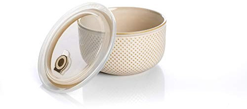 Evviva Contenitore Frigo/Insalatiera in Ceramica e Resina con Coperchio in Resina e Segnagiorni, Adatto in Microonde, Colore Panna con Sfumature e Bordi Giallo Ocra