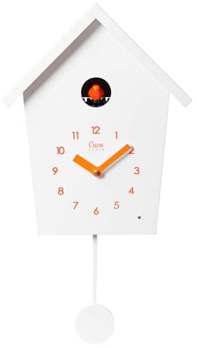 Cuco Clock Kuckucksuhr REIHENHAUS 28,3 x 22,8 x 10,4cm Weiß/Orange | Pendeluhr Wanduhr, Moderne Schwarzwalduhr, Nachtruhefunktion, Vogelgezwitscher, Vogelstimme