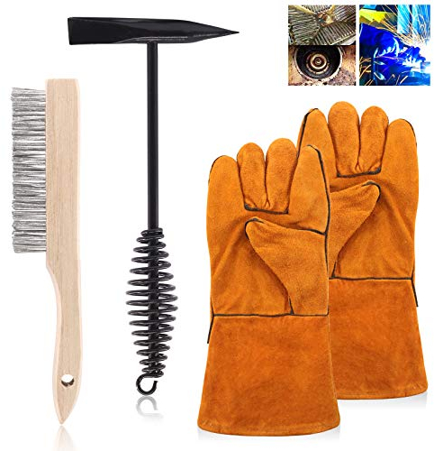 Keadic 4Pcs 10 Inch Scratch Wire Brush Welding Hammers Slag Removal Tool with Welding Gloves,10 Inch Welding Chipping Hammer with Steel Coil Spring Handle for Cleaning Removing Slag
