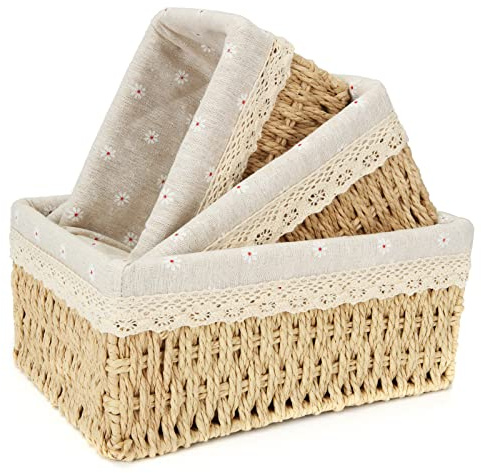 GOYADA 3 Pcs Panier en Osier Rangement Panier Osier Rectangulaire, Corbeille Tressé Rectangulaire avec Tissu Jaune à Marguerites pour Salle de Bain, Décor à la Maison, Chambre à Coucher, Jouets
