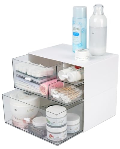 OSteed Desk Tidy Organiser with 4 Drawers, Desktop Storage Unit, White | Acrylic, Bathroom Countertop, Under Sink Storage, Clear Stackable Drawers, Stationery Supplies, Hair Accessories, Toiletry
