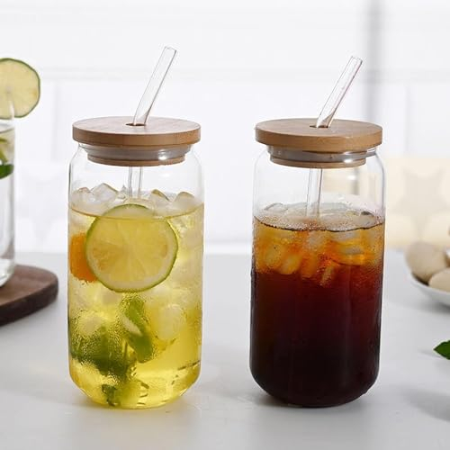 URMAGIC 2 Set Beer Can Glasses with Bamboo Lid and Glass Straws,550ml Can Shaped Glass Cups,Drinking Glasses,Beer Glasses,Iced Coffee Glasses,Boba Tea Cups,Clear Glass Cups,Cute Tumbler Cup,Wine Cup