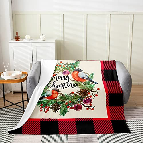 Weihnachts Plaid Fleece Decke 150x200 Weihnachts Vögel Tier Decke Werfen für Kinder Jungen Mädchen Aquarell Tannenzapfen Zweige Fuzzy Decke Beeren Plüsch Decke Rot Schwarz Büffel Plaid Wohnkultur