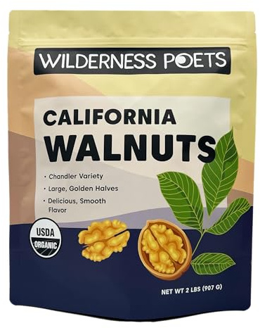 Wilderness Poets California Walnuts - Organic, Raw, Chandler Heirloom Variety - Golden, Blonde Halves, Bulk Size (32 Ounce - 2 Pound)