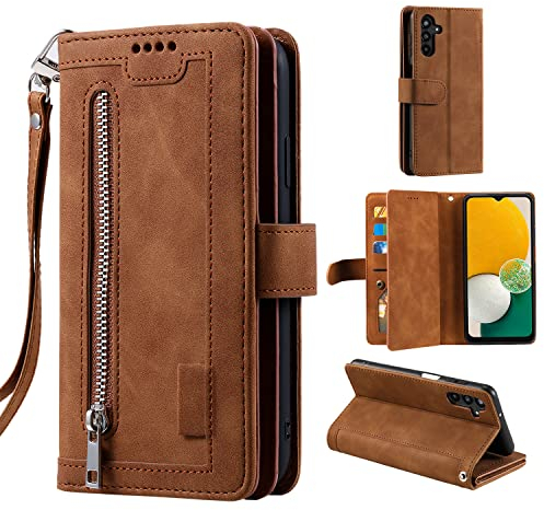 EYZUTAK Handyhülle für Samsung Galaxy A54 5G,Flip Case Lederhülle Reißverschluss Magnetverschluss Brieftasche mit 9 Kartenfächern Standfuntion Retro Matt Ledertasche-Braun