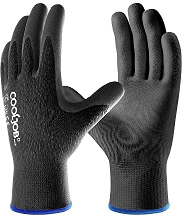 COOLJOB 12 Paar Arbeitshandschuhe EN 388 Größe 10/XL - Leichte & Atmungsaktive PU-Handschuhe für Industrie, Bau & Handwerk (Rutschfest, Ölfester) - Gartenhandschuhe Herren & Damen, Schwarz