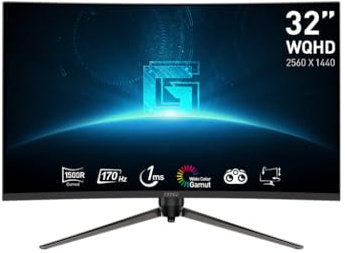 MSI G32CQ5P, 32 Gaming Monitor, 2560 x 1440 (QHD) Curved Gaming Monitor, 1 ms, 170Hz, FreeSync Premium, 1500R, HDMI, DisplayPort, Tilt, Swivel, Pivot and Height Adjustable.