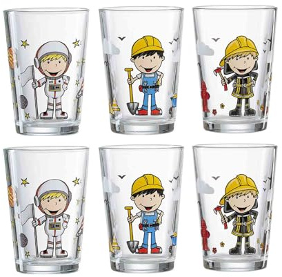 Ritzenhoff & Breker Kindergläser Astronaut, Bauarbeiter, Feuerwehrmann, Jungen, 6er Set, 205 ml, Bedruckte Kinderbecher, Spülmaschinengeeignet