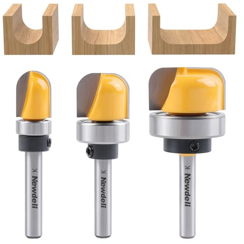 Newdeli 3Pcs Bowl and Tray Template Router Bit Set 1/4 Inch Shank Carbide Juice Groove Round Nose Router Bit with Bearing 1/2,3/4,1-1/8 Dish Carving Router Bits Wood Cutter
