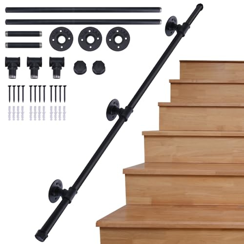 AMLOOPH Banister Handrails for Stairs, 2.43M Hand Rails for Outdoor Steps | Black Bannister Rail For Stairs Hand rail, Non-Slip Industrial Style Wall Mounted Stair Handrails For Indoor Outdoor Steps