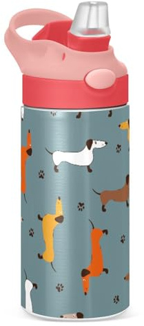 Bouteille d'eau chaude et froide avec paille isotherme en acier inoxydable pour filles et écoles - 350 ml - Motif teckels mignons