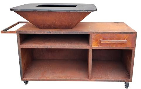 PURLINE | Barbacoa con mueble en acero corten con plancha y grill de gran formato - Barbacoa grande de exterior con almacenamiento integrado y plancha de acero profesional