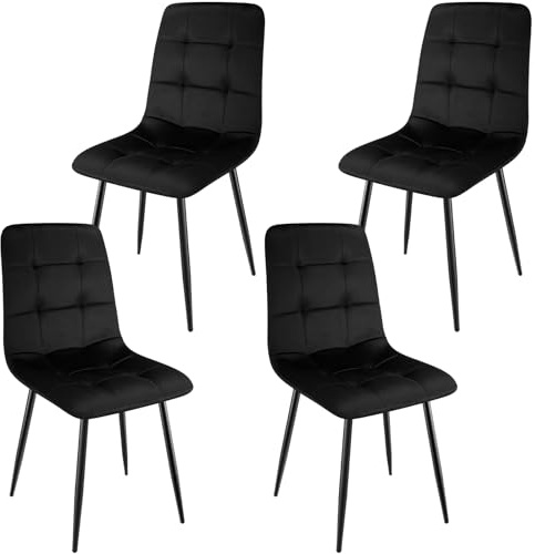 WAFTING Set di 4 sedie da pranzo imbottite con schienale alto e velluto olandese, con base in metallo, per sala da pranzo, soggiorno e sala ricevimenti, colore nero