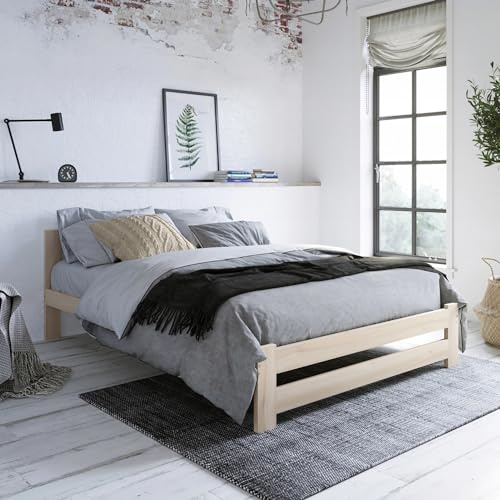 Home Collective Holzbett 140x200 cm mit Lattenrost Modern Bett Kiefer Massiv Bettgestell Doppelbett Massivholzbett Klassisch Komfortabel & Langlebig Skandinavisch Boho Landhaus Kopfteil mittel Natur