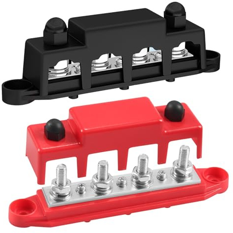 Lunriwis 12V-48V DC Bus Bar Power Distribution Block Battery Terminal Bus Bar 2pcs,4 x M8 Terminal Studs with Cover and Ring Terminals 250 Amp for Cars RVs Ships Yachts(Red+Black)