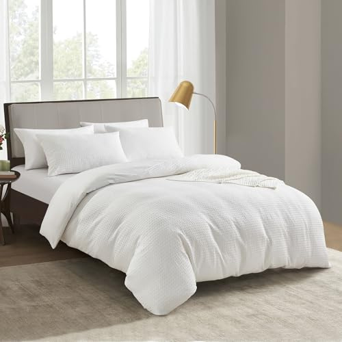 KASYLAN Waffle Microfiber Duvet Cover Set Zipper Closure Double White | Waffle weave boosts airflow, handy zipper for quick change, neutral hue fits boho bedroom styles