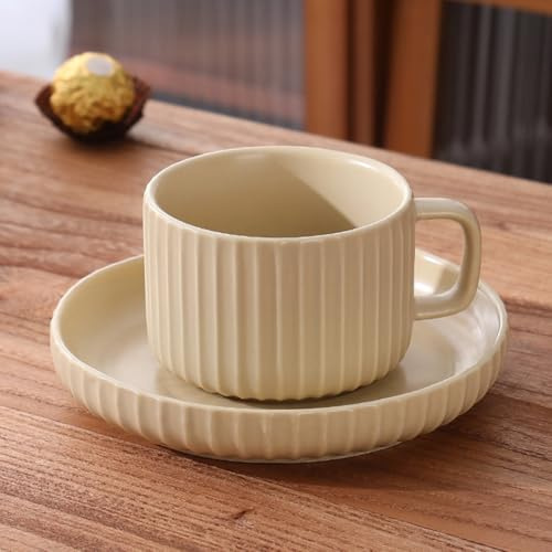 Ranvi Vintage Stripe Coffee Mugs Set, Ceramic Set with Saucer and Spoon(Beige)