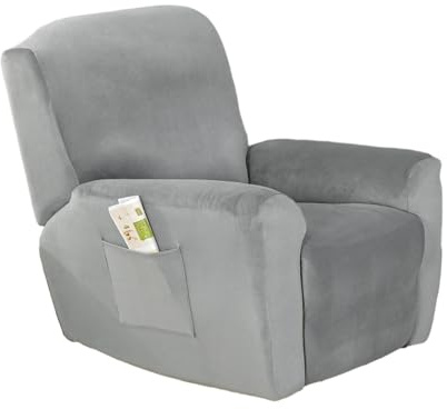 Hearda Samt Stretchhusse für Relaxsessel, 4-Teilig Sesselbezug Relaxsessel Bezug Stretch mit Tasche, Grau