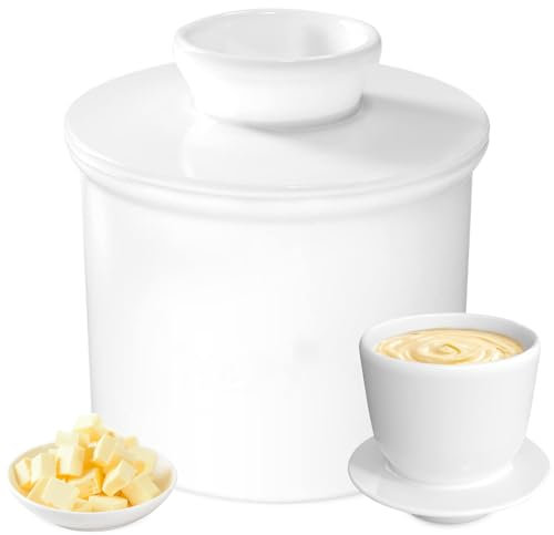 PRITOK Ceramic Butter Crock: French Butter Crock with Lid, Ceramic Butter Keeper with Water Line, Countertop French Ceramic Butter Crock for Fresh and Soft Butter, No More Hard Butter (White)