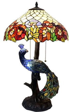 BOTOWI Tiffany Tischlampe Rot Orange Rose Pfau Buntglas Tischleuchte 2 Licht Schreibtisch Leselicht 16X16X28 Zoll Antik Blume Lampe Dekor für Schlafzimmer Wohnzimmer Hochzeitszimmer Büro,Rot
