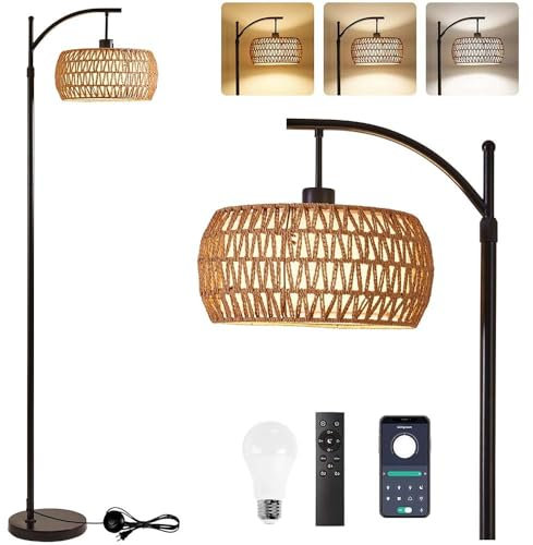 Rosnek Dimmbare Stehlampe Wohnzimmer, Rattan Stehlampe mit Fernbedienung App-Steuerung, Bogenlampe Boho Stehleuchte mit Rattan & Leinen Lampenschirm für Schlafzimmer Büro