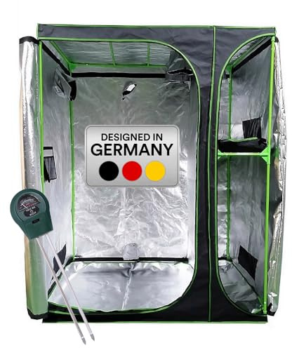 Mucola Growzelt Zuchtzelt mit 3-in-1 Messgerät 160x120x205 cm Schwarz | Indoor Gewächshaus mit lichtdichtem 600D-Gewebe, reflektierende Innenseite für hohe Lichtausbeute, für Hydrokultur und Erde
