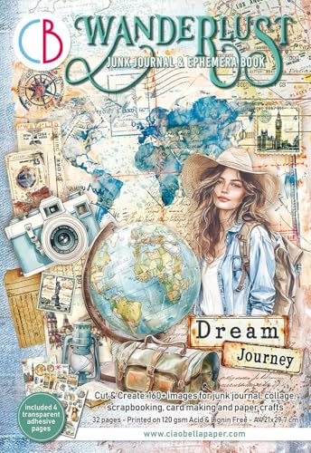 Ciao Bella Junk Journal & Ephemera Book Wanderlust - Motivpapier A4 für Scrapbooking Grußkarten Geschenkverpackung kreativ DIY