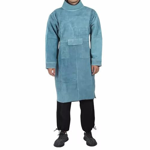 Leather Welding Apron with Sleeve, Cowhide Leather Welding Jacket, Welding Apron for Men, Heat Flame Resistant Weld Coat,Blue,120cm