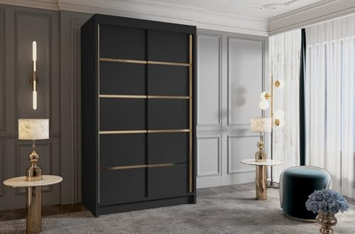 Gaba furniture Gold Series 100 cm Black Sliding Door Wardrobe Widths 100/120/150/180/200/250 cm Furniture for Bedroom Living Room Wardrobe with Hanging Rail White/Black/Cashmere