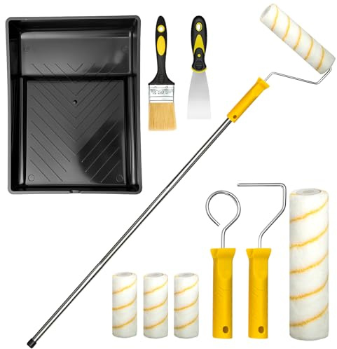 GROWNEER 12 PCS Paint Roller Set with Extension Pole, Large & Small Rollers, Brushes and Tray – Effortless and Precise Painting for Walls, Ceilings, Doors and Trim