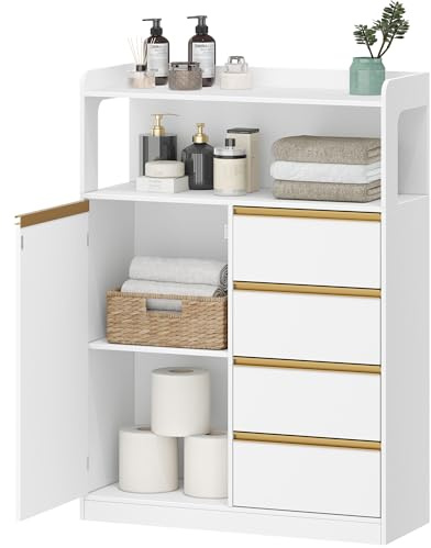 HEXCELEN Meuble Salle de Bain, Meuble Salle de Bain Rangement, Placard de Rangement avec 4 Tiroirs, Armoire Haut Salles de Bains, Étagères Réglables, Salles de Bains, Le Salon, Blanc, 30 x 80 x 110 cm