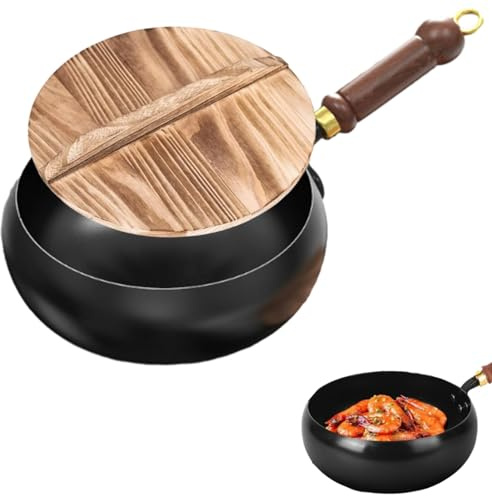 Generico Padella in ferro giapponese, padella in ferro forgiato, 24/26/28/ cm, non rivestita, in forgiato a mano, con coperchio in legno, grande vaso, distribuzione uniforme del calore