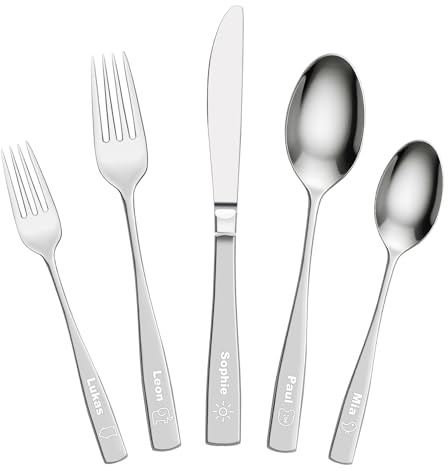 Truevaste Personalisiert Besteck für Erwachsene, Essbesteck mit Gravur, Edelstahl Spülmaschinenfeste Messer Gabel Löffel Set, Geschenk Hochzeit Kommunion Geburtstag Hause Camping, 5 STK 1 Person