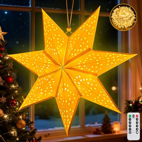 Papiersterne zum Aufhängen,45cm LED Papierstern Beleuchtet zum Aufhängen,Weihnachten mit Timer und 8 Beleuchtungsmodi,Weihnachtsstern Beleuchtet,Papierstern Weihnachten,Sterne Papier zum Fensterdeko