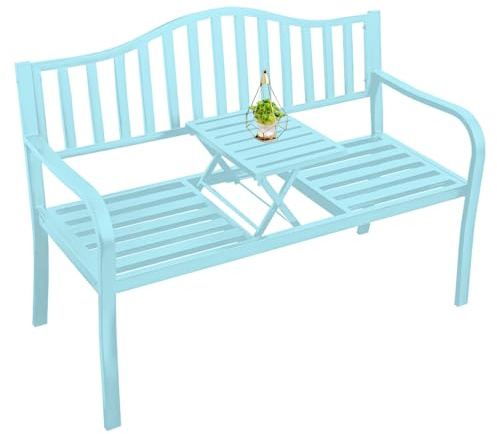 Banc De Jardin Exterieur 2 Places, Banquette De Parc Avec Dossier Et Accoudoirs, 125cm 150cm Banc De Balcon En Métal Résistant Aux Intempéries Banquette Pour Terrasse Veranda Pergola(Bleu,150cm)