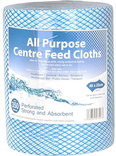 All Purpose Blue Center Feed Roll – 350 Sheets, Strong & Absorbent Cleaning Roll for Kitchens, Catering & General Use, Paper Towel Wipes