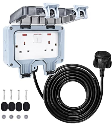 Weatherproof Outdoor Socket Waterproof Double Socket 5M Extension Lead IP66 Switched Wall Electrical Outlet 2 Gang Power Socket,Garden Outside Plug Sockets Cover Box (10m)
