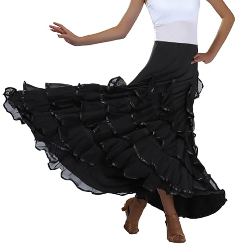 POIUIYQA Falda de Baile Sevillanas Mujer con Volantes Amplios, Falda Flamenca Tradicional para Feria de Abril