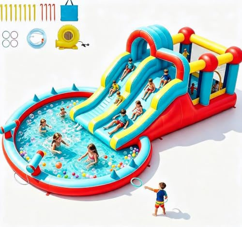 Inflatable Bouncy Castle with Slide, 8 in 1 Bounce House Indoor Outdoor with Waterproof Oxford Fabric & Multi-Safety Protection, All-in-One Water Park with Climbing Wall, Ring Toss for Summer Play