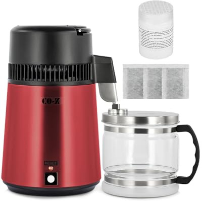 CO-Z Water Distiller, Stainless Steel Distilling Pure Water Machine for Home Countertop Table Desktop, 4 Litre Pure Drinking Water Maker, Tabletop, Red