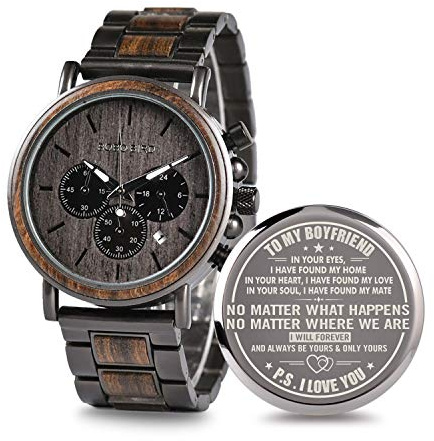 2win Engraved Personalized Wooden Watch for Boyfriend Customized Wooden Watches for Men Birthday Personalized Watch (A-for-Boyfriend)