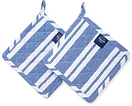 Encasa XO 21 cm Oven Microwave Potholders (2 pc Set) for Kitchen Cooking & Baking - Heat Resistant, Thick & Safe, Protection of Hands from Hot Utensils - Franca Blue Stripes