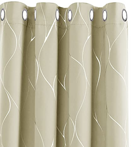 Deconovo 2 Stück Verdunkelungsvorhang mit Ösen, für Babyzimmer, mit Motiv Silber, Dunkelbeige, 168 x 229 cm