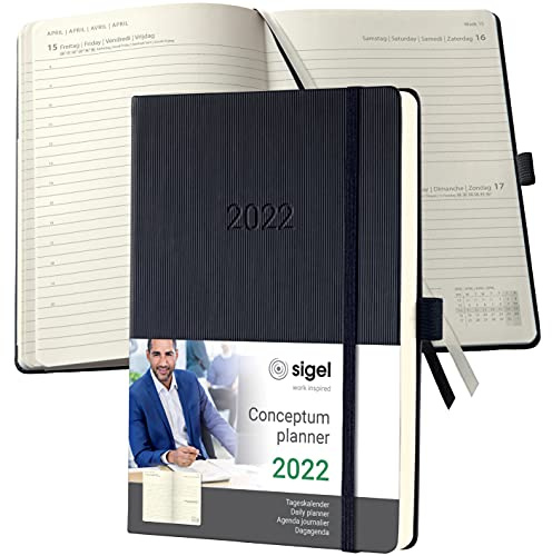 SIGEL C2210 Terminplaner Tageskalender 2022 - ca. A5 - schwarz - Hardcover - 400 Seiten - Gummiband, Stiftschlaufe, Archivtasche - PEFC-zertifiziert - Conceptum