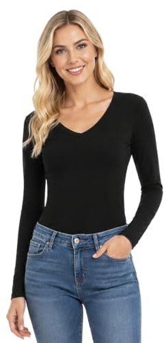 Women's Ladies Long Sleeve V Neck Basic Top Jersey Plain Stretchy Slim Fit Casual Wear T-Shirt Tee Tops 12-14 Black