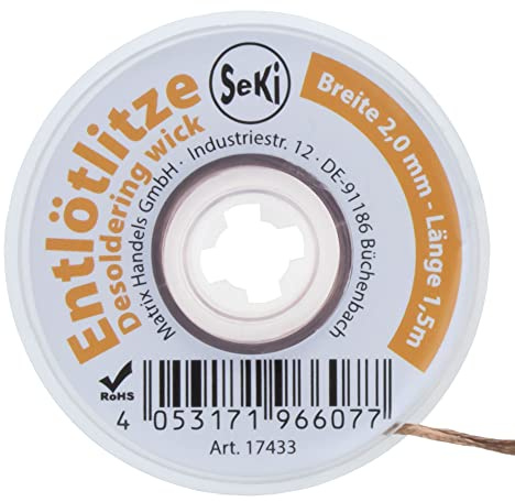 SeKi Brillo desoldador de 2,0 mm – para la eliminación de estaño de soldadura de 1,5 metros de largo; alta potencia de succión; hilo desoldador; brillo de sauglitze