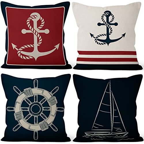 Aoihrraan 51x51cm 4er Set Decorativo Kissenbezug Schiff Anchor Ruder Segelboot Blau Quadratische Dekokissen Aus Mit Unsichtbarem Reißverschluss Leinen Zuhause Dekor Für Sofa Pirat Jungen Schlafzimmer